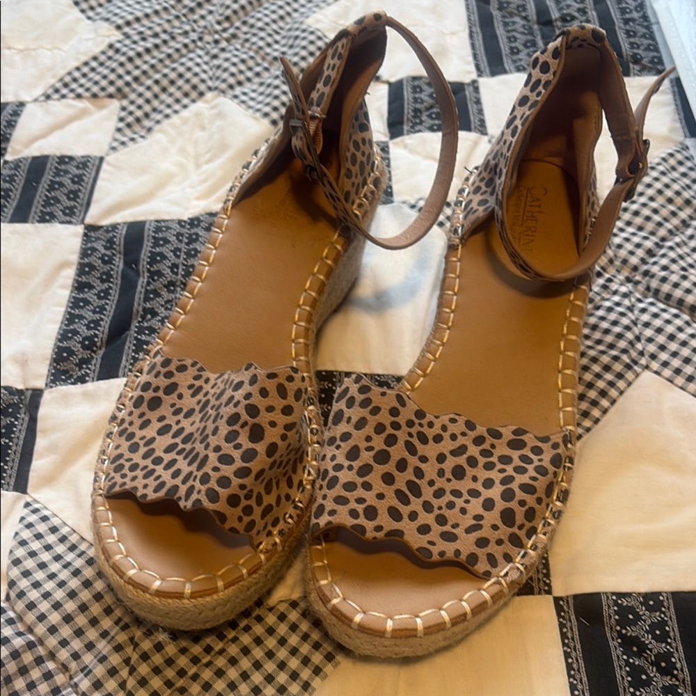 Catherines Leopard Print Tan Espadrille Wedge Sandals with Ankle Strap